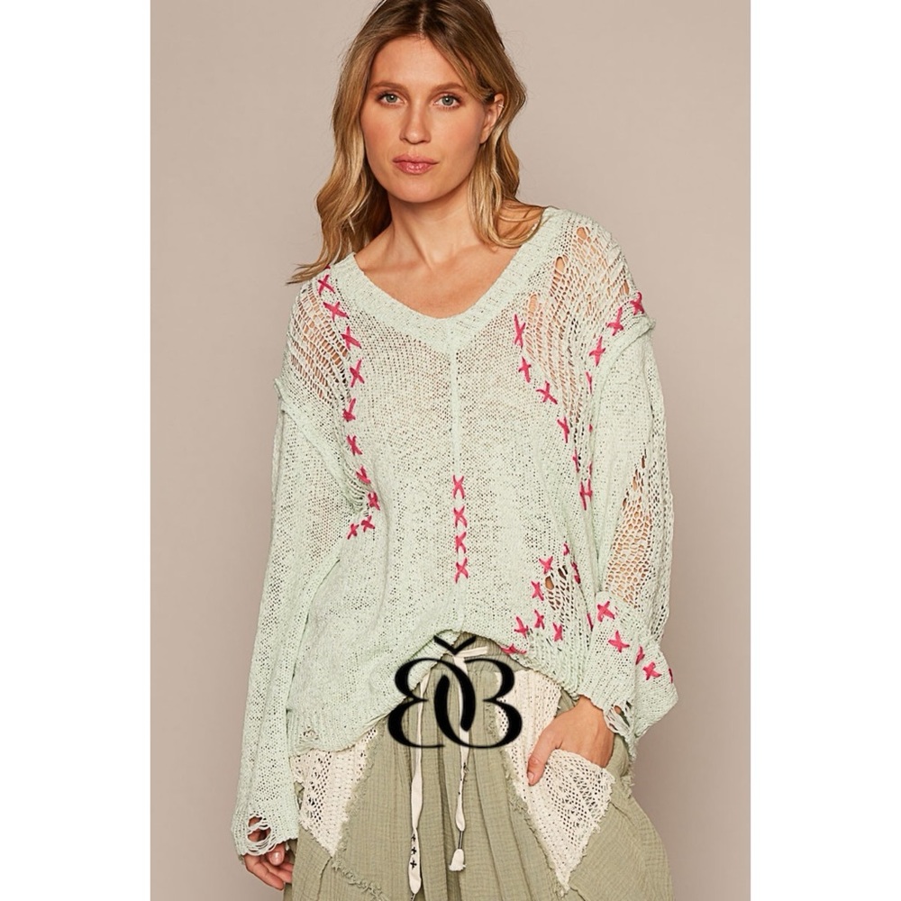 POL Pistachio Green Distressed V Neck Thin Sweater Hot Pink Stitching - Picture 1 of 7